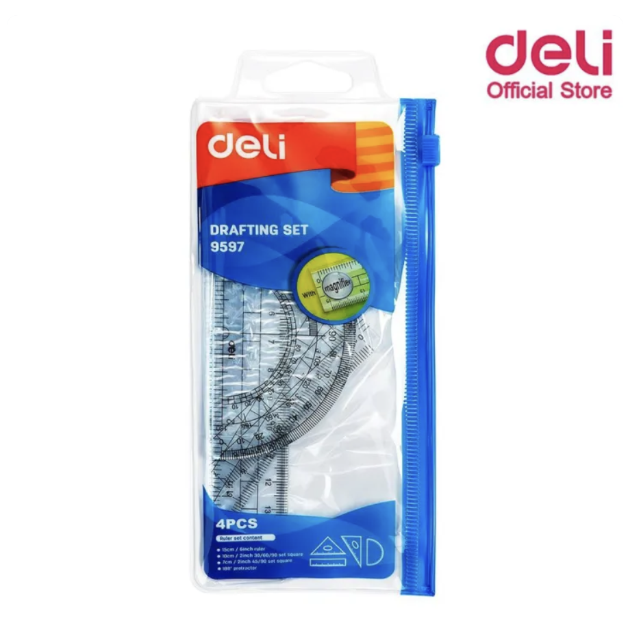 ชุดเรขาคณิต No.E9597 ยี่ห้อ DELI (1x4ชิ้น)(1 ชุด)